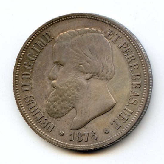 Brazil 1876 silver 1000 reis prooflike AU/UNC