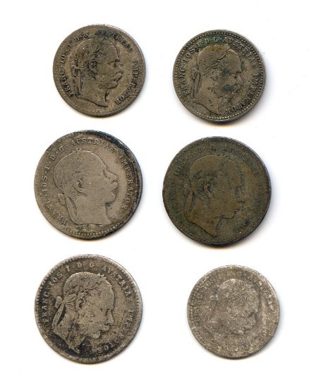 Austria 1860s-70s silver 10 and 20 kreuzers, 6 pieces