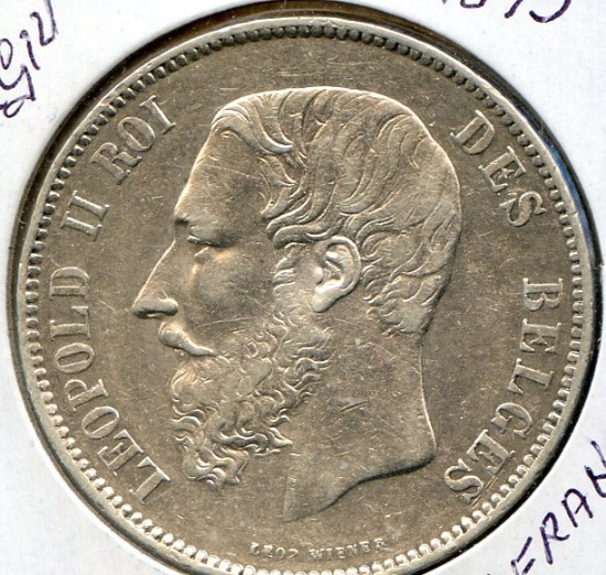 Belgium 1875 silver 5 francs lustrous AU/UNC