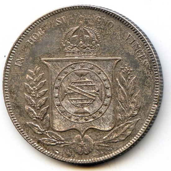 Brazil 1864 silver 1000 reis toned AU