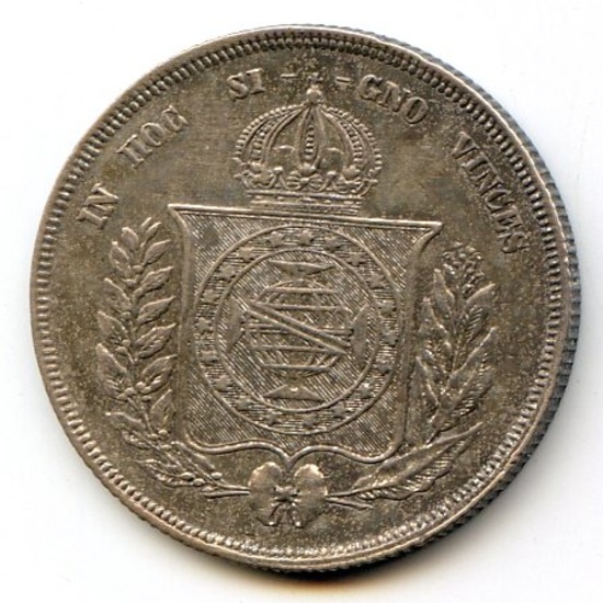 Brazil 1867 silver 500 reis toned AU, 2 pieces