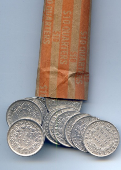 Bolivia 1870s-1890s silver 20 centavos, roll of 45 pieces