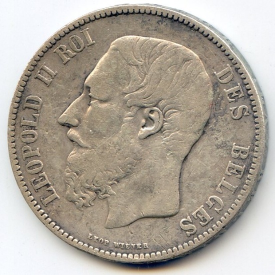 Belgium 1868 silver 5 francs VF