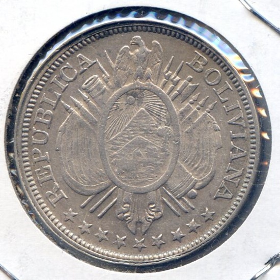 Bolivia 1892 CB silver 50 centavos nice XF