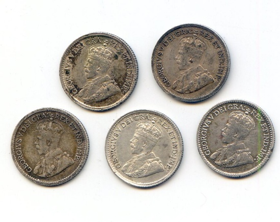 Canada 1912-20 silver 5 cents, 5 pieces about VF to XF