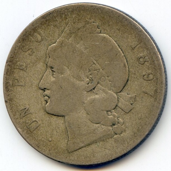 Dominican Republic 1897 silver 1 peso and 1/2 peso, VG and F
