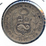 Peru 1907-FG silver 1/2 sol XF
