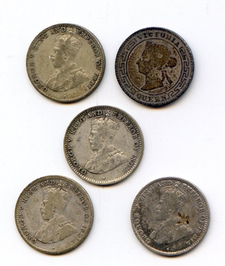 Ceylon 1893-1927 silver 10 cents, 5 pieces VG to VF