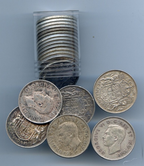 Canada 1940-52 silver half dollars, roll of 20 pieces