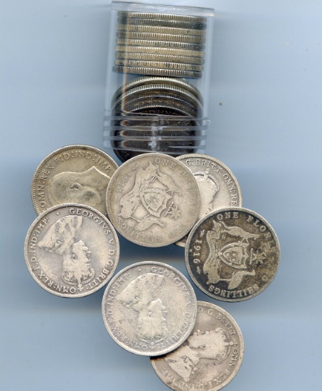 Australia 1910-1944 silver florins, roll of 20 pieces