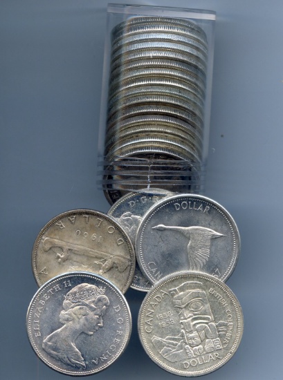 Canada 1958-1967 silver dollars, roll of 20 pieces