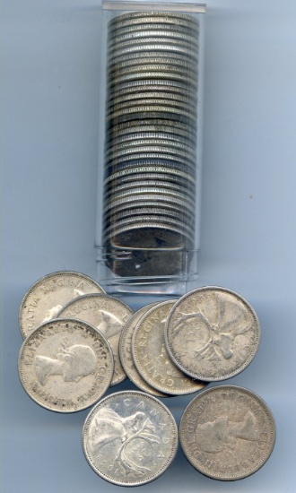 Canada 1953-64 silver 25 cents roll of 40 pieces