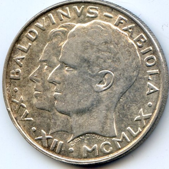Belgium 1960 silver 50 francs Wedding AU
