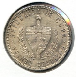 Cuba 1915 silver 20 centavos choice AU