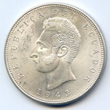 Ecuador 1943 silver 5 sucres choice BU