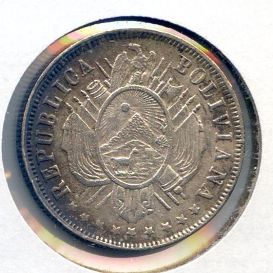 Bolivia 1881 FE silver 20 centavos AU/UNC