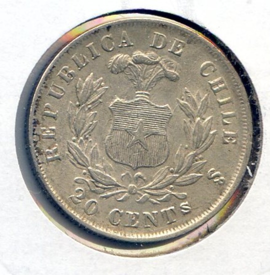 Chile 1876 silver 20 centavos AU
