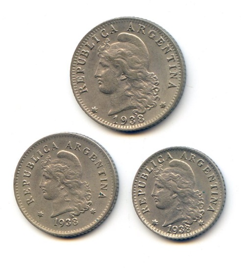 Argentina 1938 minor coins, 3 UNC pieces