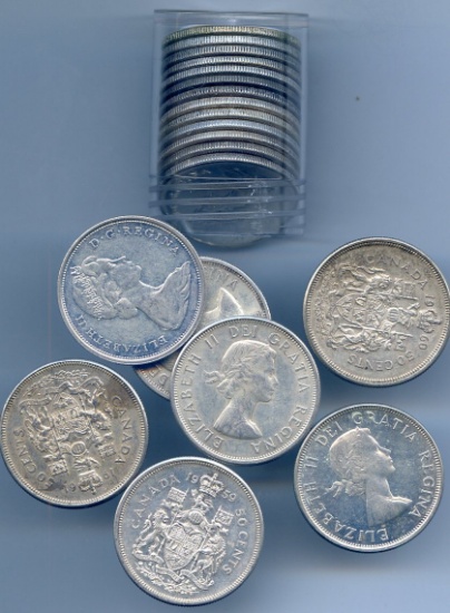 Canada 1953-65 silver 50 cents roll of 20 pieces