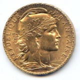 France 1908 GOLD 20 francs Rooster BU