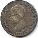Spain 1892 PGM silver 5 pesetas XF toned SCARCE