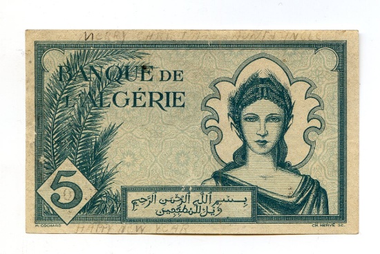 Algeria 1942 5 francs note "Christmas Card" VF+