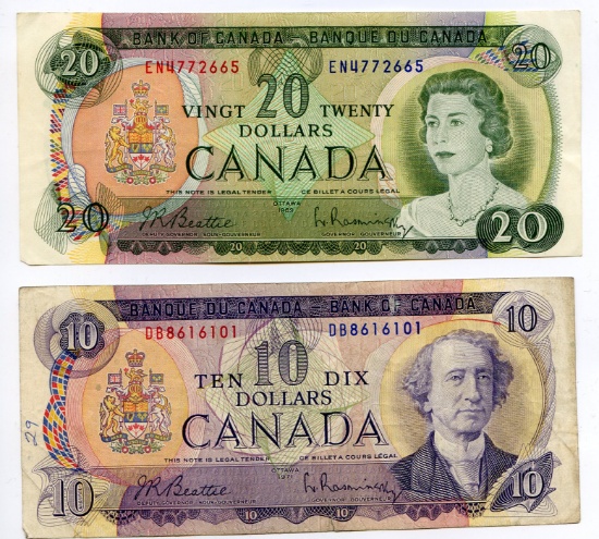Canada 1969 10 and 20 dollar notes, VF and AU