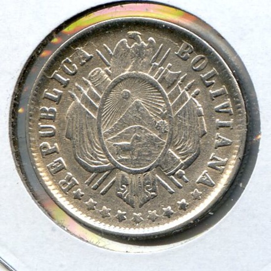 Bolivia 1879 FE silver 20 centavos XF light cleaning