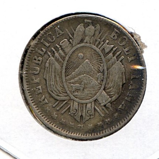 Bolivia 1881 & 1882 FE silver 20 centavos, 2 VF pieces
