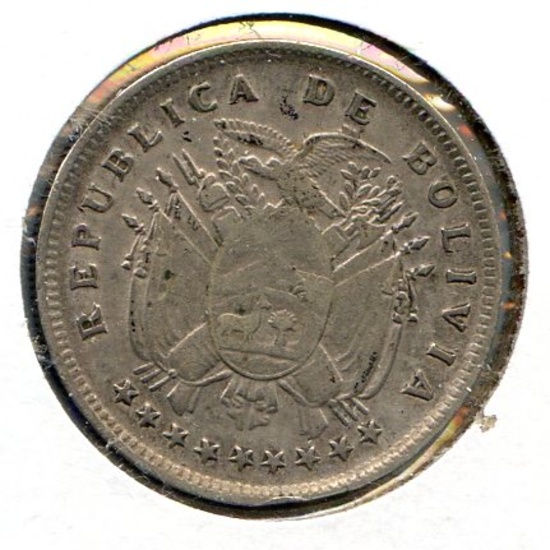 Bolivia 1909-H silver 20 centavos good VF