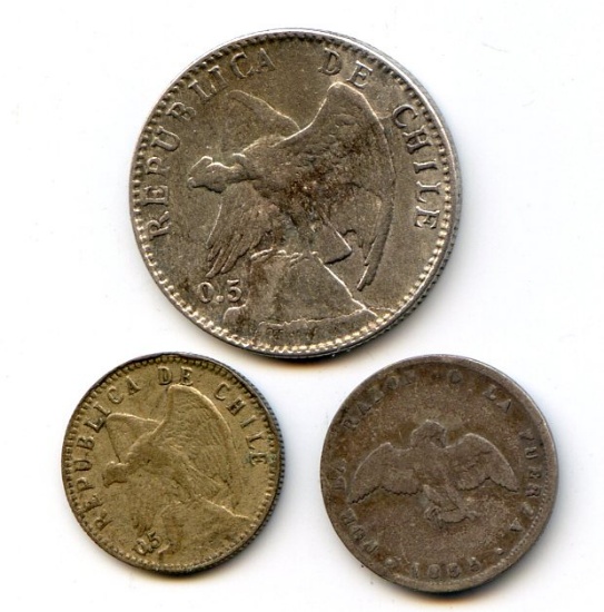 Chile 1854-1907 silver minors, 3 pieces