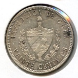 Cuba 1915 silver 20 centavos lustrous XF low-relief star