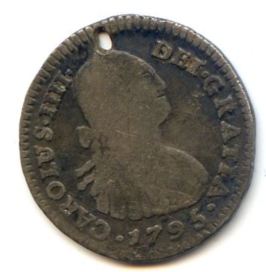 Colombia 1795 JJ silver 1 real VG details holed SCARCE