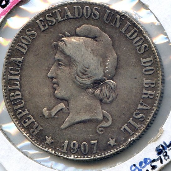 Brazil 1907 silver 2000 reis good VF rim bumps