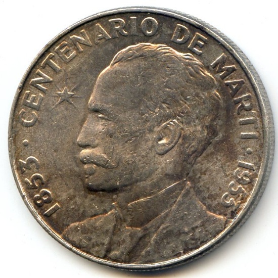 Cuba 1953 silver peso Marti AU toned