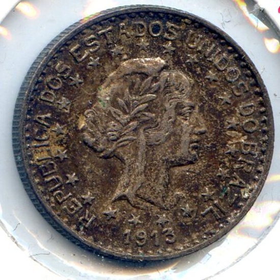 Brazil 1913 silver 1000 reis deeply toned AU