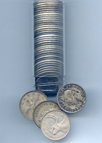 Canada George VI silver 25 cents, roll of 40 pieces