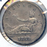 Spain 1869 (69) SN-M silver 2 pesetas about VF