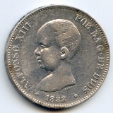 Spain 1888 MP-M silver 5 pesetas XF/AU lightly dipped