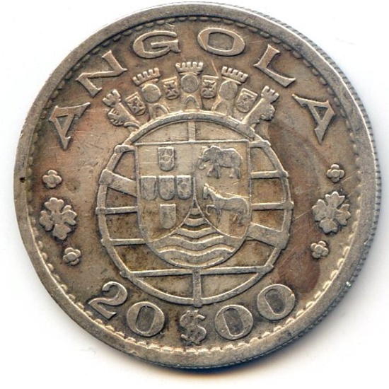 Angola 1953 2-1/2 escudos and 1952 20 escudos, 2 pieces about VF