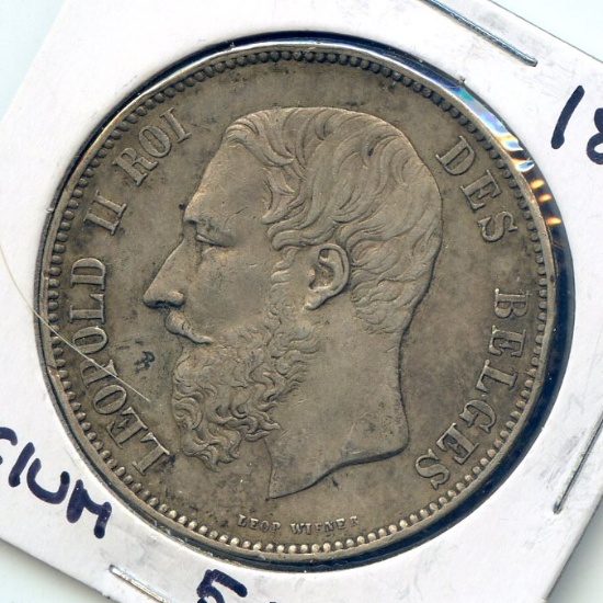 Belgium 1873 silver 5 francs about XF