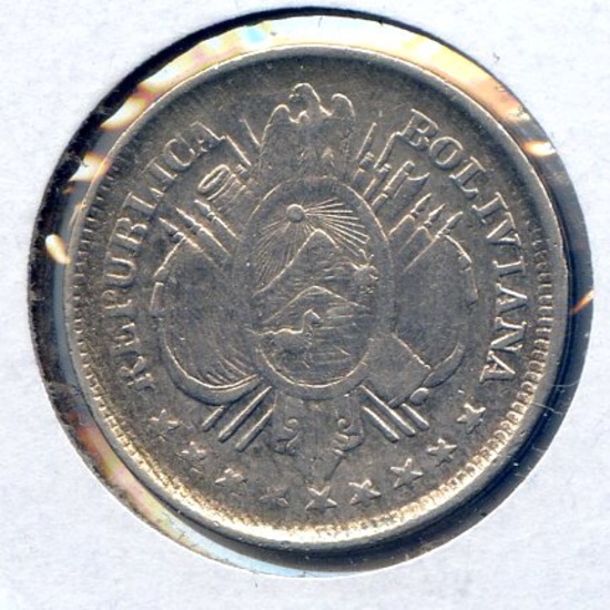 Bolivia 1889 FE silver 20 centavos XF