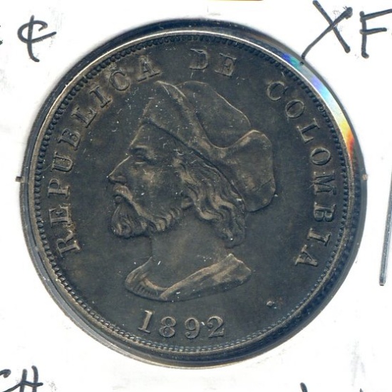 Colombia 1892 silver 50 centavos Columbus toned XF/AU