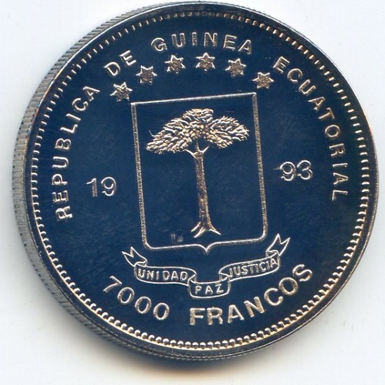 Equatorial Guinea 1993 silver 7000 francos Water Buffalo PROOF