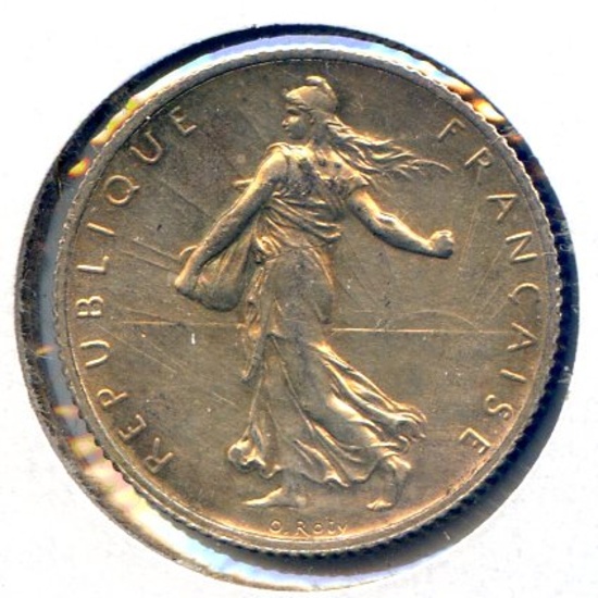 France 1913 silver 1 franc choice toned BU