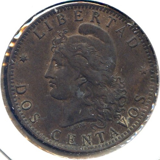 Argentina 1891 2 centavos AU