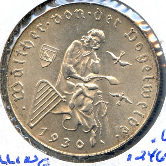 Austria 1930 silver 2 schilling Vogelweide choice BU