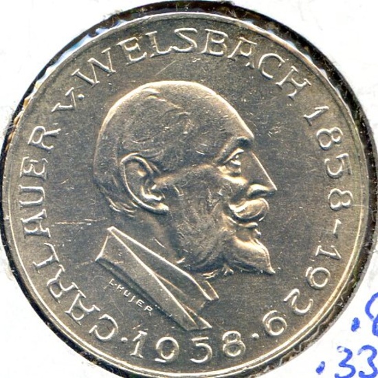 Austria 1958 silver 25 schilling Welsbach AU/UNC