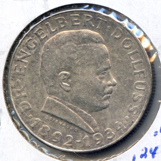 Austria 1934 silver 2 schilling Dollfuss AU