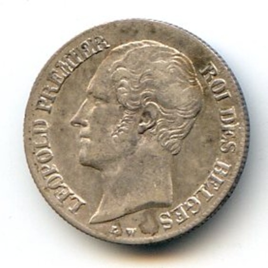 Belgium 1853 silver 20 centimes choice AU